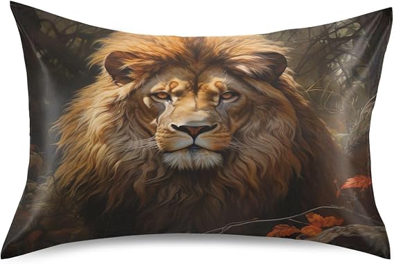 Lion Satin Silk Pillowcase for Hair and Skin,Soft Breathable Pillow Case with Envelope Closur,26x20In
