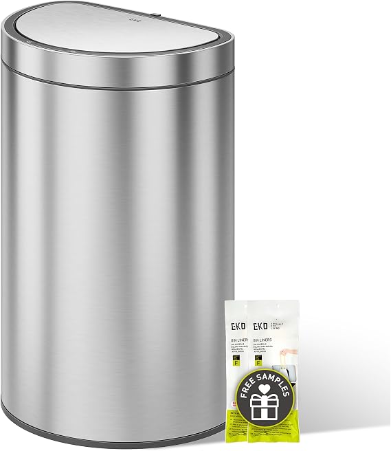 EKO Mirage Semi-Round Motion Sensor Trash Can or Recycling Bin, 47 Liter / 12.4 Gallon Automatic Large Kitchen Trash Can with Deodorizer Compartment, Removable Lid and Bucket, Matte Stainless Steel