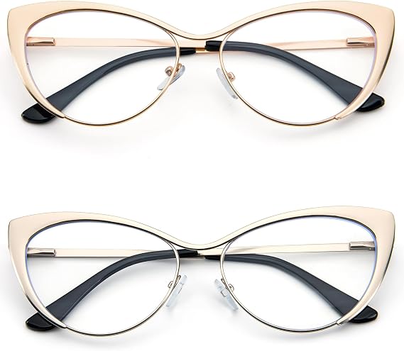Cat Eye Reading Glasses - 2 Pairs Metal Frame Glasses Spring Hinge Readers with Leather Pouch for Men and Women