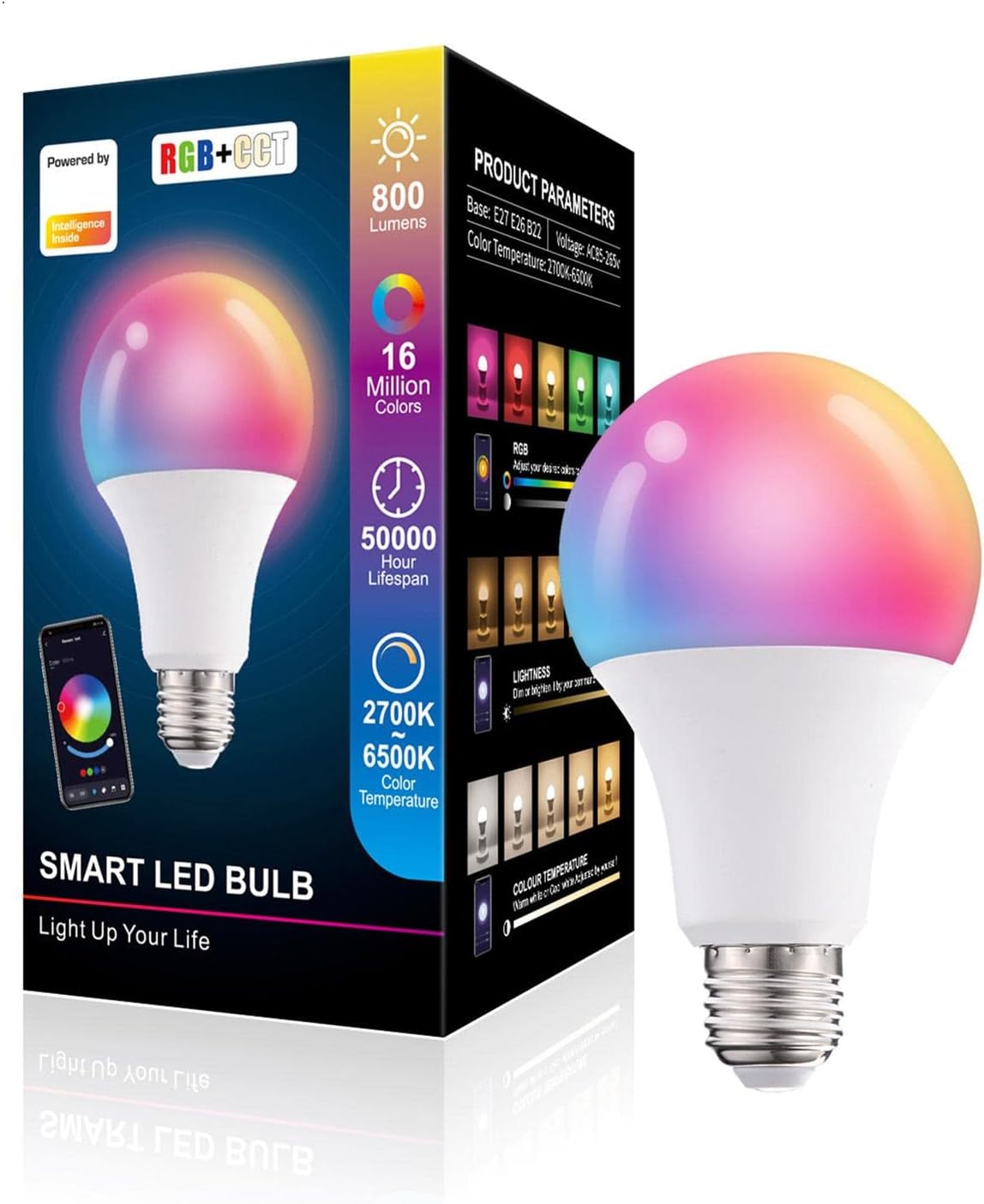 Smart Light Bulb WiFi Control-Full Color Dimmable RGB Cell Phone Control LED Bulb, Music Rhythm Time Control Color Changing Perfect for Living Room Bar Party A/a