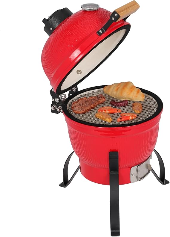 13" Kamado Charcoal Grill with Locking Lid & Thermometer, Red | Portable Barbecue Grill BBQ, Stainless Steel Stand, Outdoor Garden Barbecue Smoker for Camping Backyard Patio Party Picnic