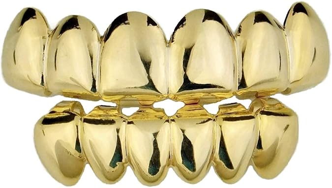 14k Gold Plated Grillz Set Deeper-Cut Grill Top & Bottom Row Pre Made Hip Hop Grills