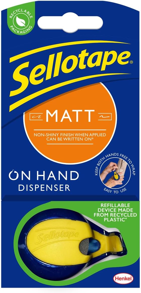 Sellotape On-Hand Dispenser with Invisible Matt Tape, Both hands free for crafting and wrapping, Includes Refillable Dispenser & Invisible Matt Tape Roll (18mm x 15m)