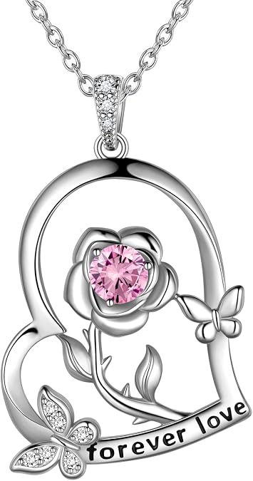 925 Sterling Silver Heart Rose Flower Birthstone Necklace for Women Butterfly Pendant Necklace Elegant Rose Promise Necklace Birth Stone Necklace Rose Flower Jewelry Christmas Gifts for Women Mom Her