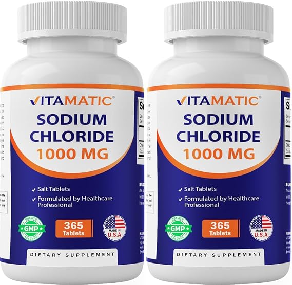 Vitamatic Sodium Chloride 1000mg 365 Tablets -2 Bottles Electrolyte Replenisher & Hydration Support Non-GMO, Gluten-Free