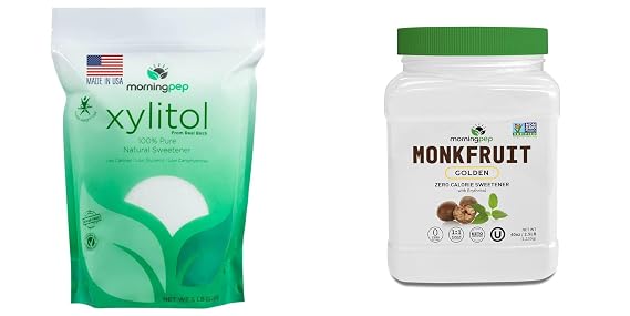 Morning Pep Pure Birch Xylitol (Keto Diet Friendly) Sweetener with no Aftertaste 5 LBs and Morning Pep Monk Fruit Sweetener, golden Sugar Substitute, 2.5 lb, Keto Friendly