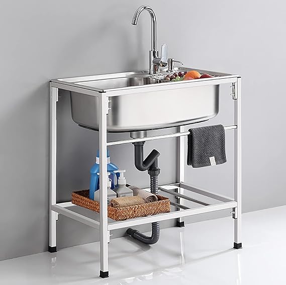 Freestanding Outdoor Stainless Steel Sink Laundry Room Sink 1 Compartment Commercial Kitchen Sink with Hot and Cold Tap for Garage Garden Outdoor Hand Sink 72 x 45 x 85 cm