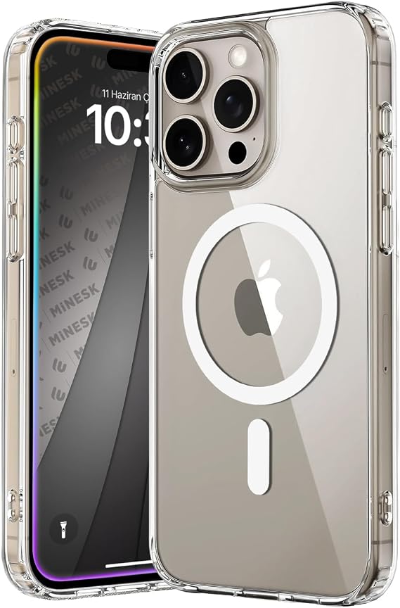Minesk iPhone 15 Pro Max için Origin Serisi Magsafe ile Uyumlu Crystal Clear Super Şeffaf Materyal ve Yeni Nesil Manyetik Çember (15 Pro Max)