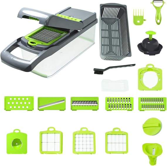 Vegetable Chopper Kit, Stainless Steel Blades, with Veggie Pusher, Grating & Pattern Cutting Blades, Catch Basin & Wash Basket, Safety Lock, Dishwasher Safe Kitchen Gadget