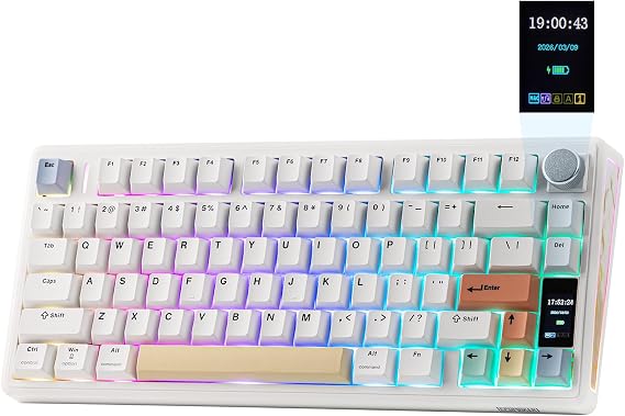 EPOMAKER TH80 V2 PRO Wireless Mechanical Keyboard, Screen & Knob, 10000mAh & 2.4G/BT, Hot-Swap, PBT Keycap, Mac Modifier, RGB, Creamy Gasket, Custom Gaming Keyboard for Mac/PC (White, Creamy Jade)