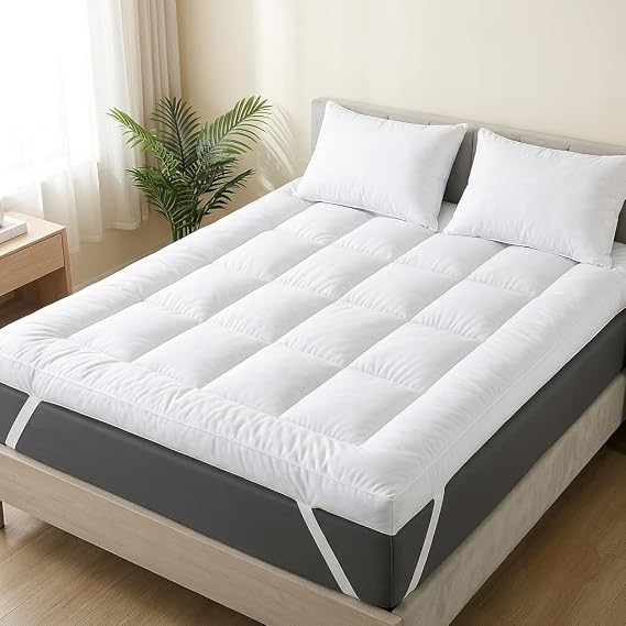Mattress Topper Kingsize Bed 4 Inches / 10cm Thick, Hotel Quality Quilted Box Stitched Microfibre, Extra Deep Super Soft Breathable King Size Mattress Topper with Elasticated Straps, Machine Washable