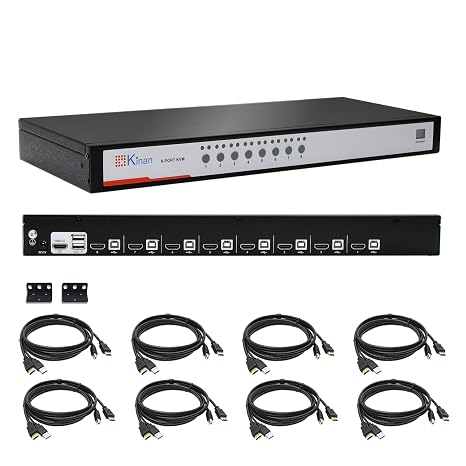 8 Port HDMI USB KVM Switch, Heavy-Duty 1U Metal Rack Mount, 1080p@60Hz, Auto Scan, Broadcast Mode, Button/Hotkey/Mouse Switching,Hot-Plug, w/USB HDMI KVM Cables (Industrial Grade)