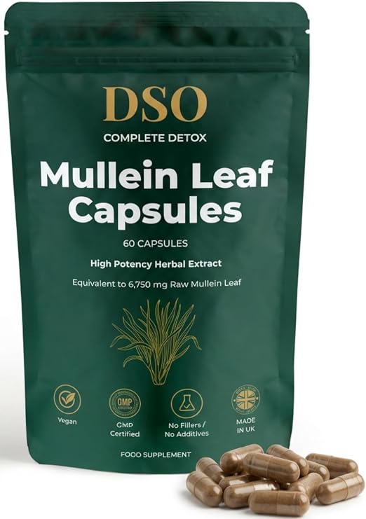 Mullein Leaf Capsules 6750mg High Strength – Mullein Leaf Extract Supplement – No Fillers or Binders – 60 Vegan Capsules – UK Made – DSO Complete Detox