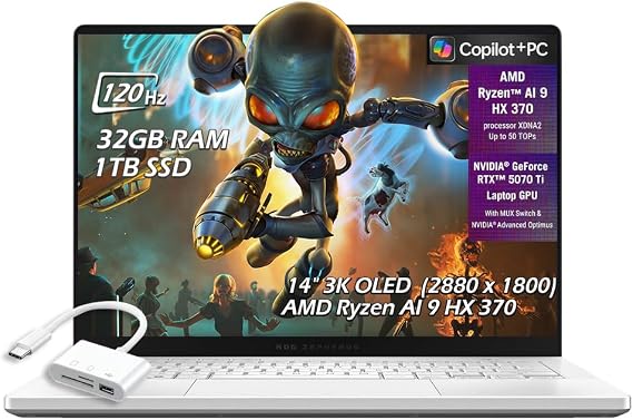 ASUS ROG Zephyrus G14 14" 3K OLED Gaming Laptop, (AMD Ryzen AI 9 HX 370, RTX 5070 Ti 12GB, 32GB RAM, 1TB SSD, RGB Backlit Keyboard, WiFi7, Micro SD, Win11), Platinum White, w/USB Hub, W/GaLiMu