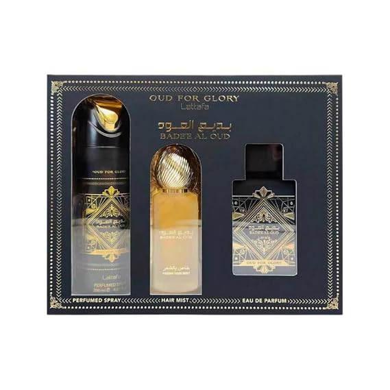 Lattafa Badee Al Oud for Glory 3.4 Edp U + 6.7 Body/Spray + 1.7 Hairmist (131010)