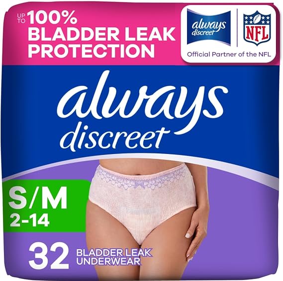 Always Discreet Adult Incontinence & Postpartum Incontinence Underwear for Women, Small/Medium, Maximum Protection, 32 Count (Packaging May Vary)