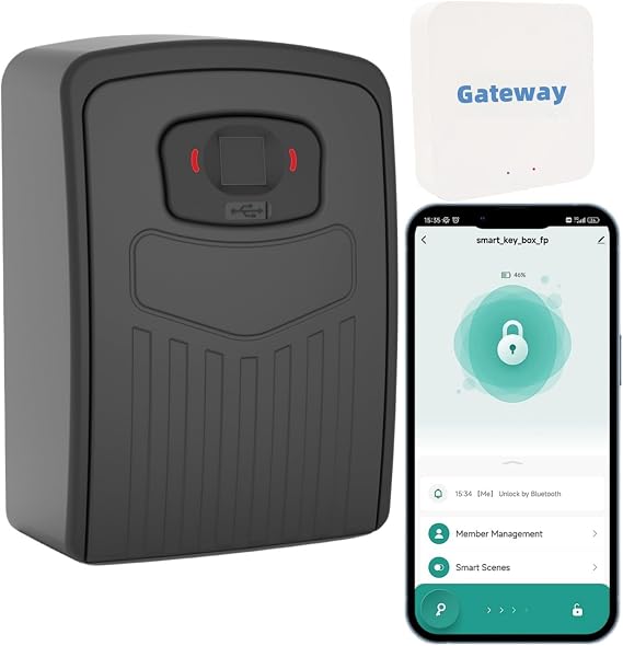 Smart Fingerprint Key Lock Box, Black, Bluetooth, WiFi Gateway, Remote Access, Large Capacity, Android/iOS App, Outdoor Key Safe Box