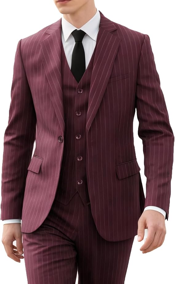Mens 3 Piece Suits Pinstripe Slim Fit Peak Lapel Formal Dinner Casual Wedding Tuxedo