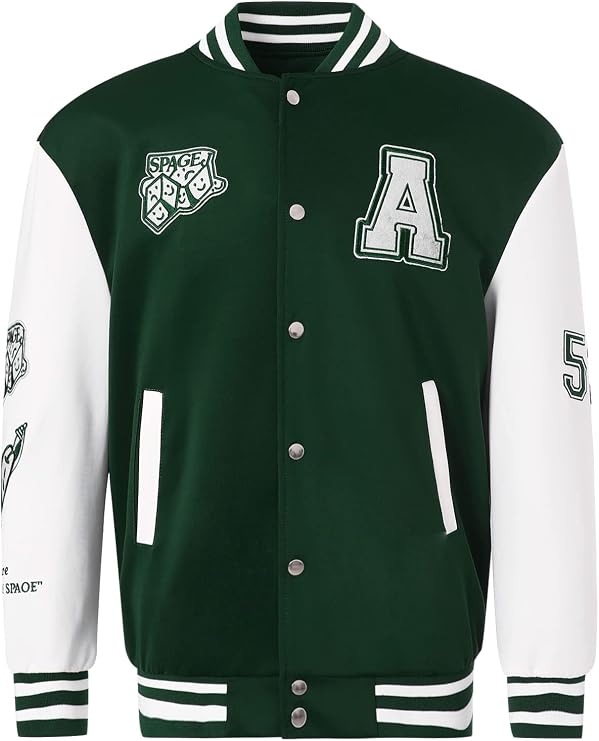 Men's Varsity College Jacket Letters Bear Patchwork Baseball Jackets Vintage Long Sleeve Button Front Bomber Jackets