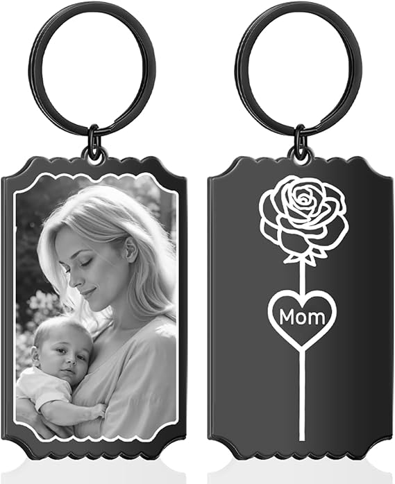 Keychain Mothers Day Gifts from Daughter Son,Engraved Carnation&Names,Double Sides Custom Photo Keychain for Mom