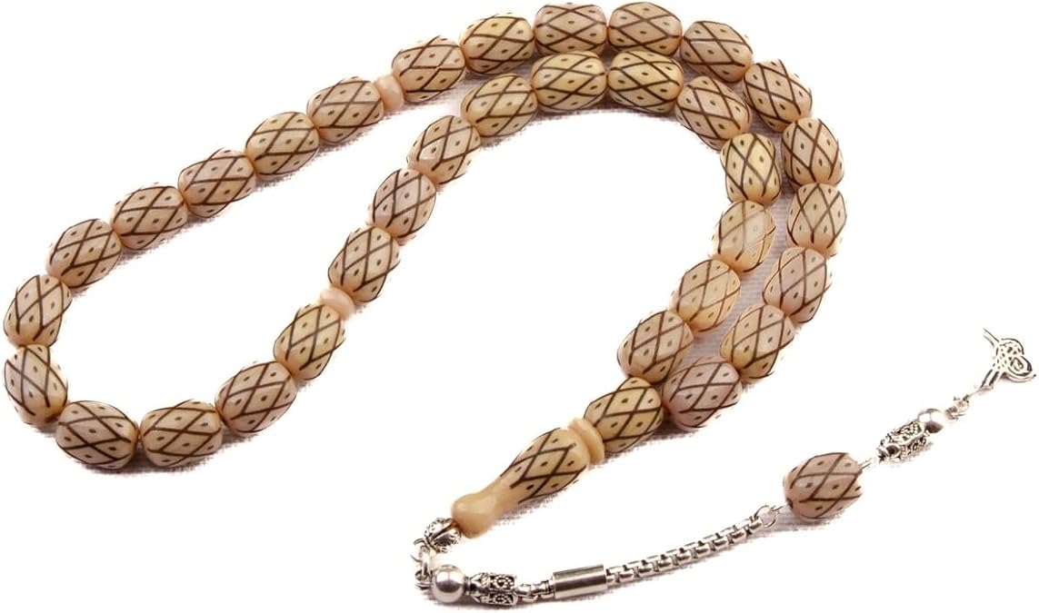Prayer Beads (Tesbih) 11x9 mm Patterned Capsule Cut Katalin with Silver Tassel, Brown - Unique Islamic Rosary for Men - Brown