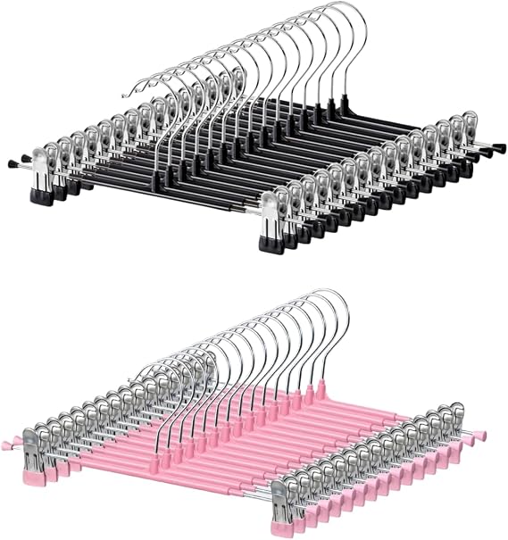 HUADYMEET 60 Pack 12Inch Pants Hangers with Clips,Metal Trouser Hangers for Jeans. Space Saving Heavy Duty Non-Slip Adjustable Closet Organizers and Storage Shorts Hanger for Women, Men, Black and Pin