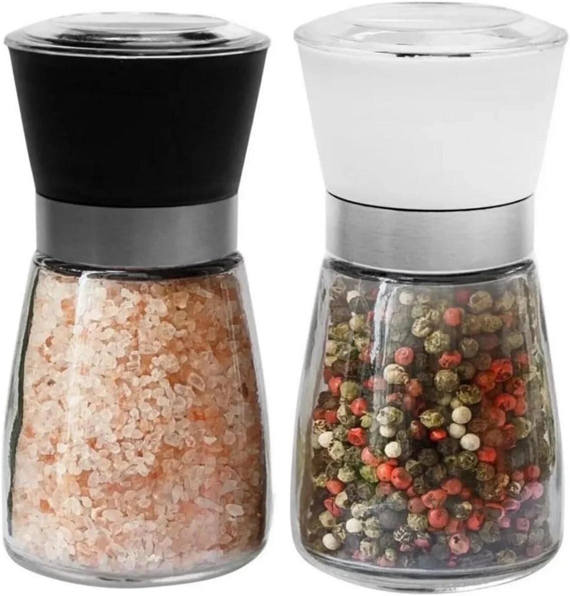Spice Grinder, 13 Cm 2 Pieces with Glass Body Cover, Black and White Salt Pepper Mill