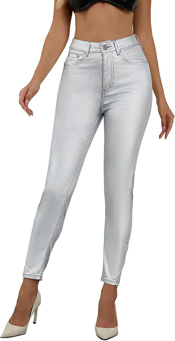 High Waist PU Leather Pants Skinny Disco Metallic Leggings