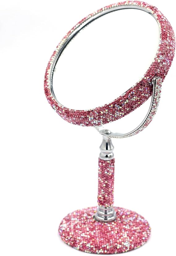 Bling Rhinestone Double-Sided Tabletop Makeup Mirror, Round Metal Makeup Mirror with 1:2 Magnifying Mirror, Rotating Mirror (Pink)