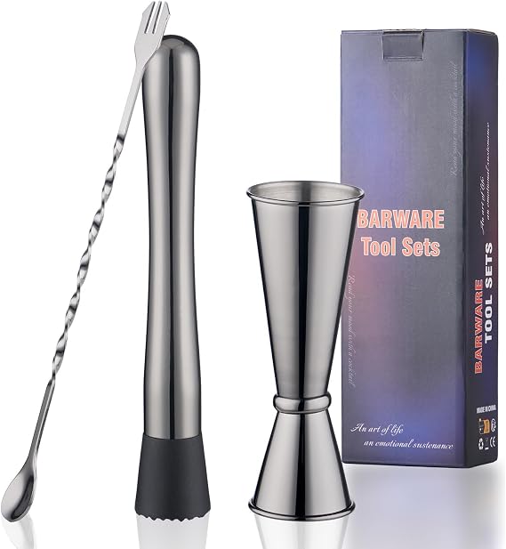 8 Inches Stainless Steel Muddler for Cocktails, Matching Jigger and Bar Spoon with Cocktail Muddler - 3 Pcs Drink Muddler for Cocktails