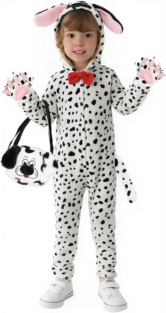 Gifts2U Halloween Dalmatian Costume for Kids, Puppy Dog Animal Onesie Costume with Embroidered Dog Face, Bow and Purse Bag, Gifts for Halloween Birthday or Any Dress Up Occasion (7-8 Years)