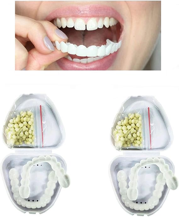 2 Pairs False Teeth Fake Tooth Cosmetic Teeth Veneers Silicone Dentures Cosmetic Veneer Instant Smiling Teeth Matching Set Natural Shade Comfort Fit Dental Prostheses