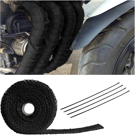 Auto Exhaust Wrap for Motorcycle, 16FT Titanium Fiberglass Hose Heat Shield Roll Sleeve with 4PCS Stainless Ties, Universal for Car Wire Loom Brake Line Cable Protection (Black)