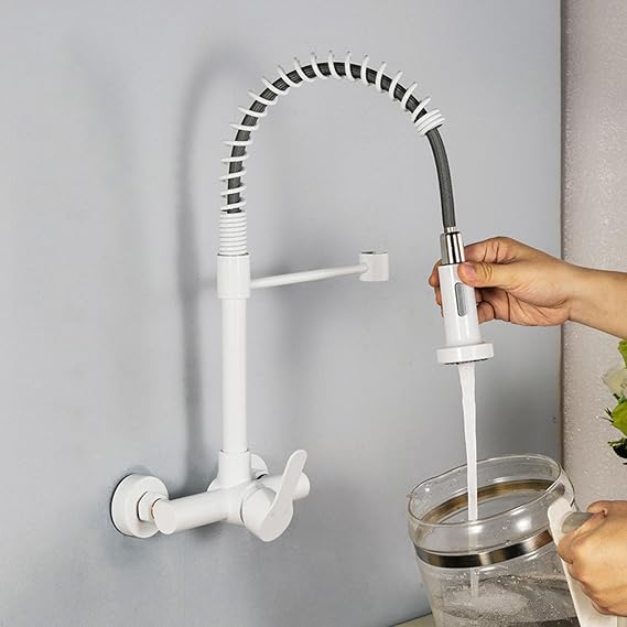 Spring Kitchen Taps with Pull Out Spray, Wall Mounted Gooseneck Mixer Tap Kitchen Sink Stainless Steel,White