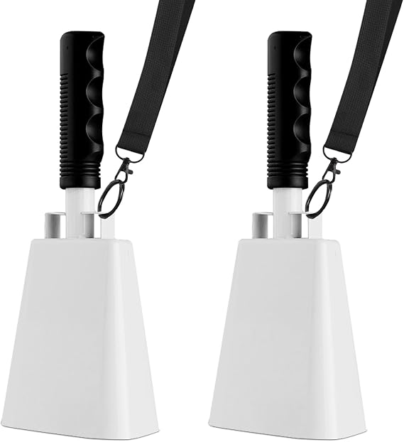 Cow Bell, 2 Pack Cheering Cowbells for Sporting Events, 10 Inch Large Cow Bells Noise Makers, Solid White Steel Hand Bell Chimes Alarm for Football Games, School, Percussion Musical Instruments