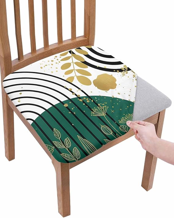 Boho Green Seat Covers for Dining Room Chair Set of 2, Gold Leaf Black Bohemian Plant Circle Flower Stretch Cushion Cover Kitchen Chair Covers, Removable Chair Slipcovers Protector