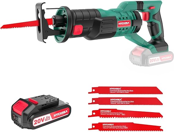 HYCHIKA Reciprocating Saw, 18V Cordless Electric Saw with Battery, Variable Speed, 4 Blades Wood/Metal/PVC Pile Cutting with Orbital Cutting