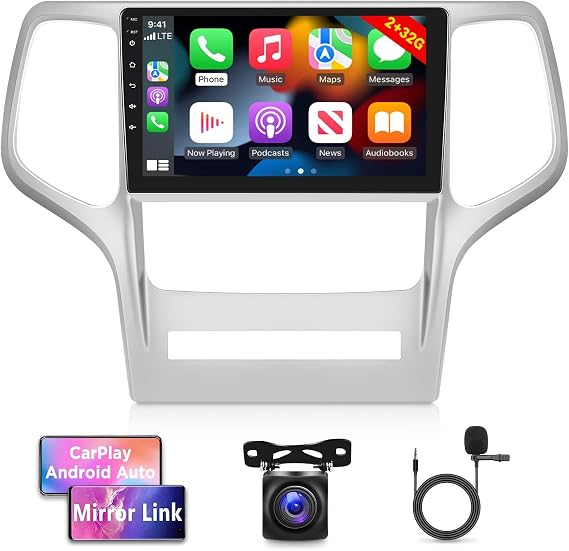 [2G+32G] Android Car Radio for Jeep Grand Cherokee 2008 2009 2010 2011 2012 2013, 9 inch Touch Screen Car Play Stereo, Carplay/Android Auto/1080P/Bluetooth/SWC + AHD Backup Camera + MIC