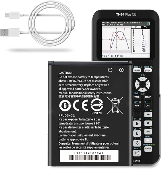 TI 84 Plus CE Battery - [2600mAh] Replacement Battery for Texas Instruments TI-84 Plus CE -Part Number: 3.7L1200SPB/3.7L12005SPB - P11P35-11-N01 with USB Charger Cable