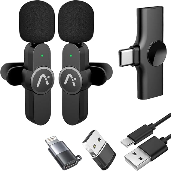 Wireless Mics, Wireless Clip on Microphones, Lapel Microphone A2d One Pair Two, for Android Phone, iPhone 15, Laptop, Video Recording