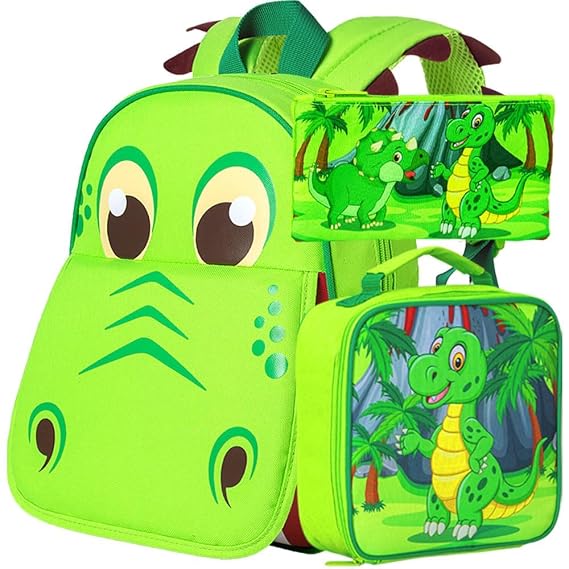 AGSDON 3PCS Toddler Backpack and Lunch Box for Boys, 12" Dinosaur Preschool Kids Bookbag, Cute Animal Kindergarten Schoolbag