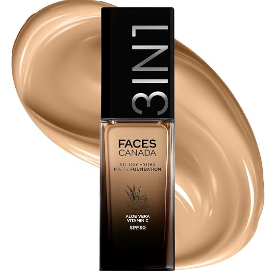 FACES CANADA All Day Hydra Matte Foundation | 3-in-1 Foundation + Moisturizer + SPF 30 | 24 HR Aloe Hydration & Vitamin C | 10HR Long Wear | Medium to High Buildable Coverage | Honey Beige 031 | 25ml