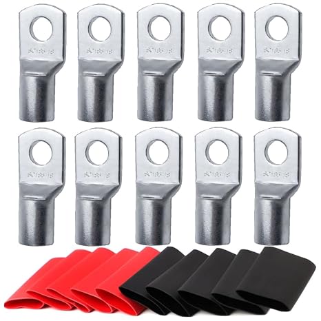 10pcs Pure Copper Wire Lugs 0 AWG Gauge Battery Terminal Connectors 3/8" Lugs with 10pcs 3:1 Heat Shrink Set Tubing Assortment Kit Heavy Duty Battery Cable Ends Ring Terminals