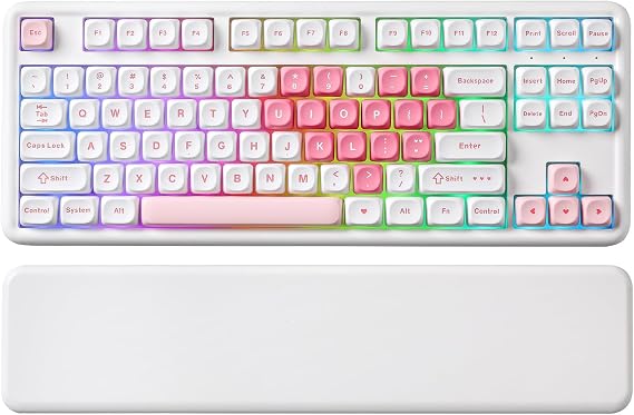 YUNZII B87 TKL Wireless Mechanical Keyboard (White Heart, Milk V2 Linear) | QMK/VIA, Wrist Rest, CreamyTyping, Cute MOA Keycaps, Gasket Mount, Hot Swap, RGB Backlit, NKRO, BT/2.4G/USB-C, for Win/Mac