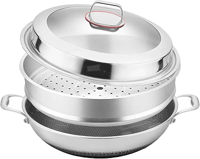 Tri-Ply Stainless Steel Wok Pan with Lid and Steamer Basket,Hybrid Woks & Stir-Fry Pans Nonstick with Double Handles,Induction Large Saute Pan Deep Frying Pan,17.3inch Wok with Steamer