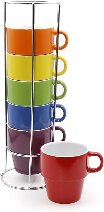 gypsy color 12 oz Cappuccino Stacking Mug Set with Metal Stand, Set of 6