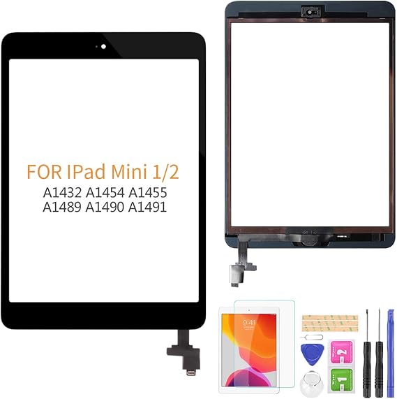 A-MIND Screen Replacement For IPad Mini 1 A1432 A1454 A1455/IPad Mini 2 A1489 A1490 A1491 Touch Digitizer Parts, Include IC Chip,Home Button,Cameral Holder,with Screen Protector+Repair Tools (Black)
