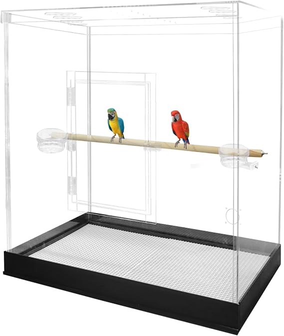 PENNZONI Large Bird Cage for Macaws - Large Parrot Cage, Crystal Clear Acrylic Bird Cage, Glossy Oak Base w/Decorative Top