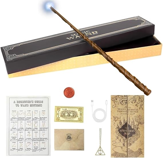 Magic Wand, 38 cm Her-mione Light Up Wand, Magic Wands in Gift Box with Spell Card, Station Ticket & Necklace Bracelet, Dumbledore Magice Wands in Gift Box Suitable for Halloween Costume Parties