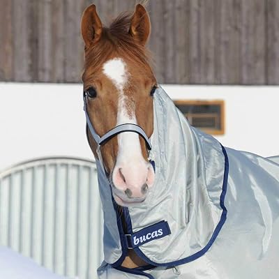 Bucas Medium Horse Blanket, Silver with Navy Trim, Ballistic Nylon, Waterproof, Round Neck, Snap Closure, All Seasons, OutdoorCasual, Weather Resistant, UV Protection, All Ages, Medium 69-72